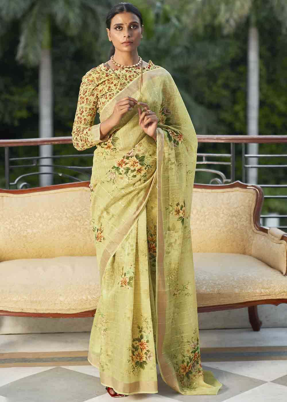 Buy MySilkLove Double Greenish Yellow Digital Floral Printed Saree Online