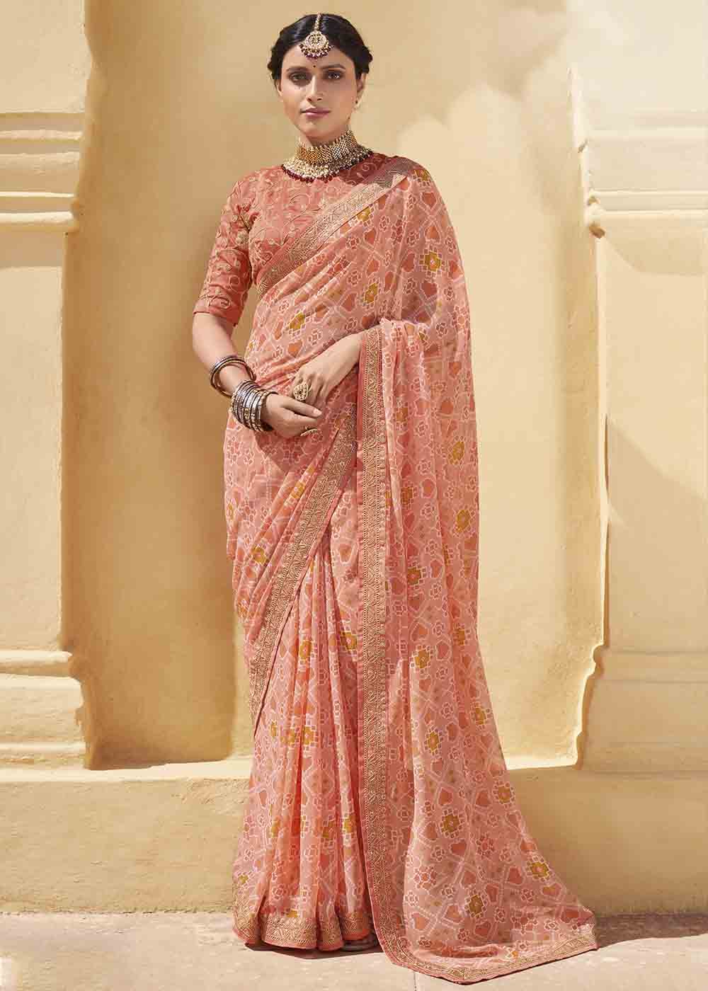 Buy MySilkLove Tonys Peach Patola Print Georgette Saree With Embroidered Blouse Online