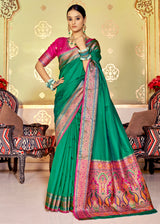 Pine Green and Pink Zari Woven Banarasi Soft Silk Saree