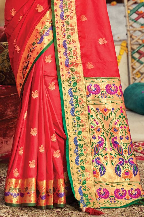 Buy MySilkLove Salmon Red and Green Zari Woven Paithani Saree Online