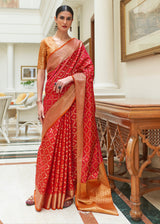 Cinnabar Red and Orange Woven Handloom Patola Saree