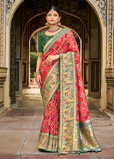 Mandy Red and Green Patola Printed Dola Silk Saree With Embroidered Blouse