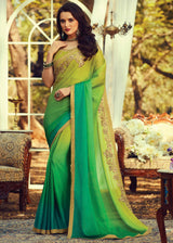 Fern Green and Yellow Embroidered Designer Saree