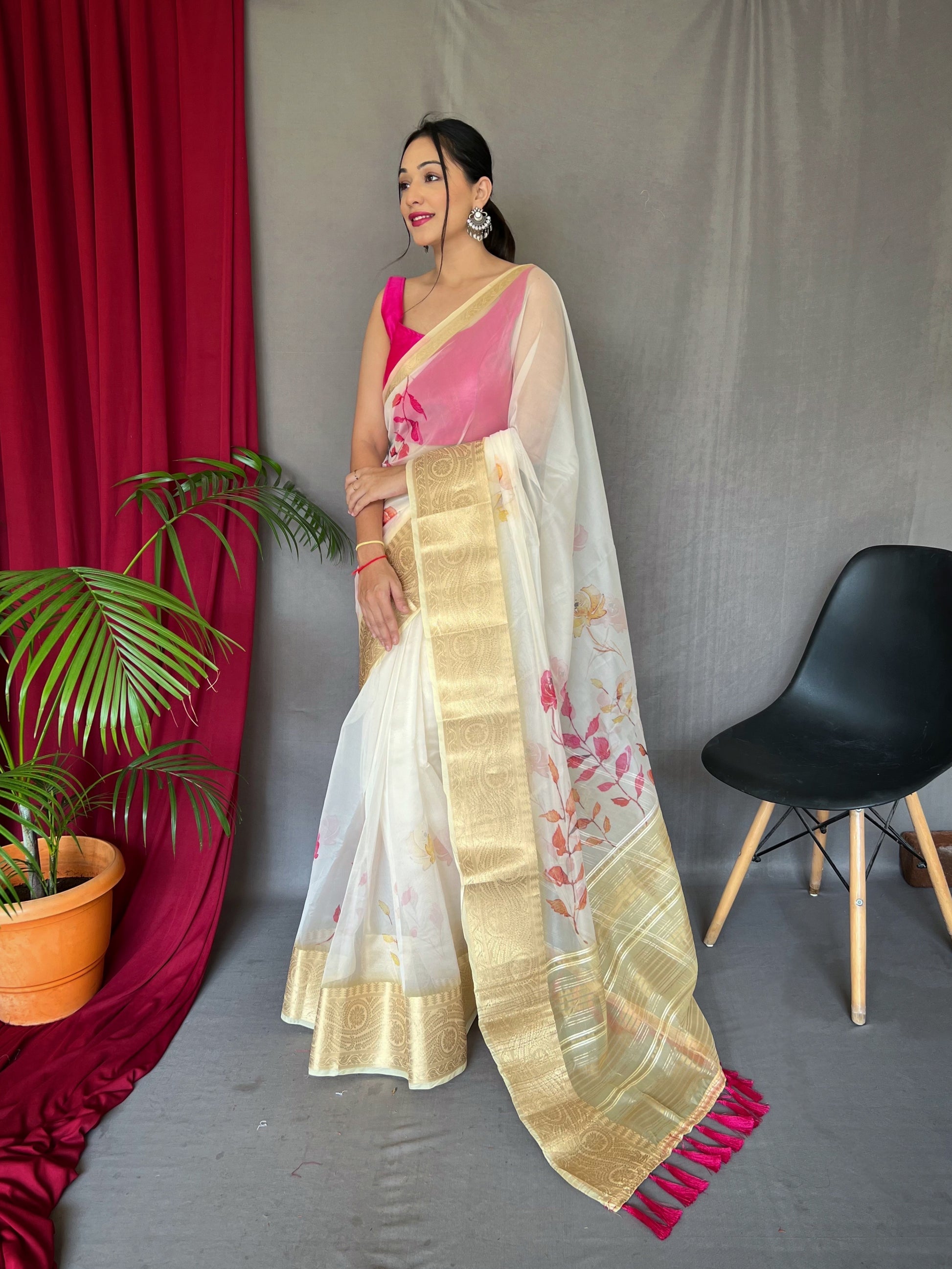 Buy MySilkLove Pastel Yellow Organza Digital Floral Printed Saree Online