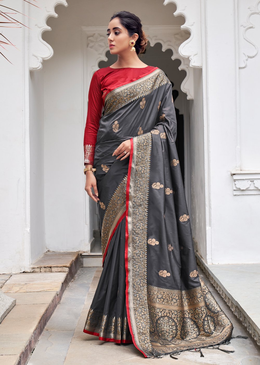 Buy MySilkLove Mid Grey Zari Woven Banarasi Silk Saree Online