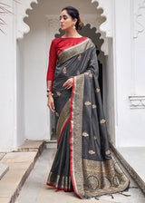 Mid Grey Zari Woven Banarasi Silk Saree