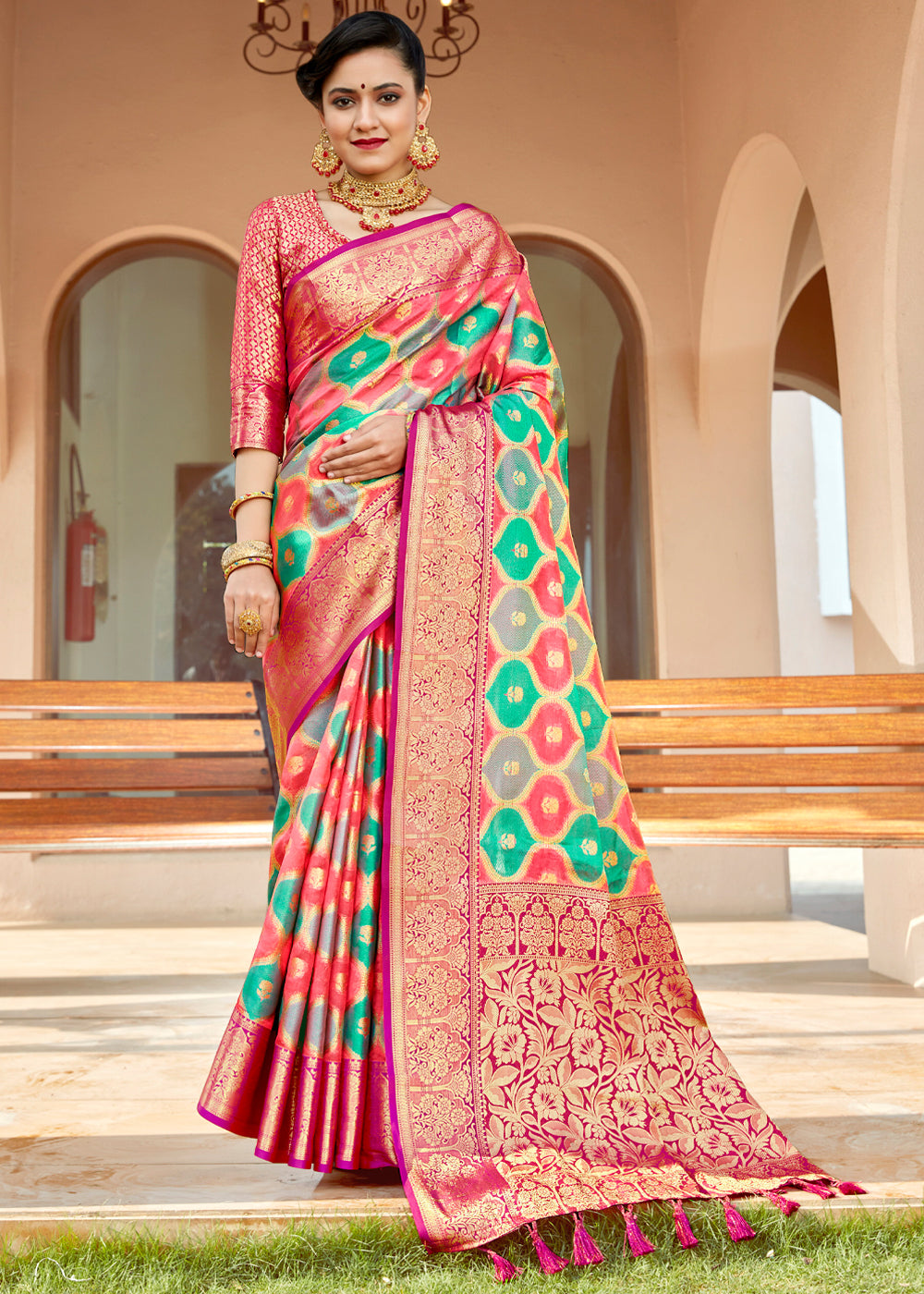 Buy MySilkLove Pine Green and Red Wonen Banarasi Rangkath Silk Saree Online