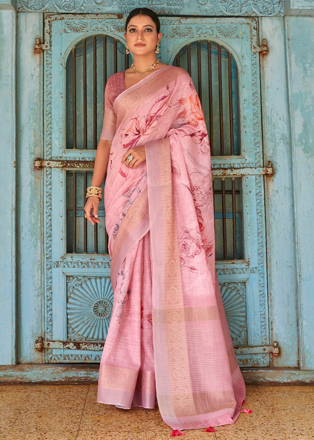 Buy MySilkLove Pastel Pink Floral Printed Linen Silk Saree Online