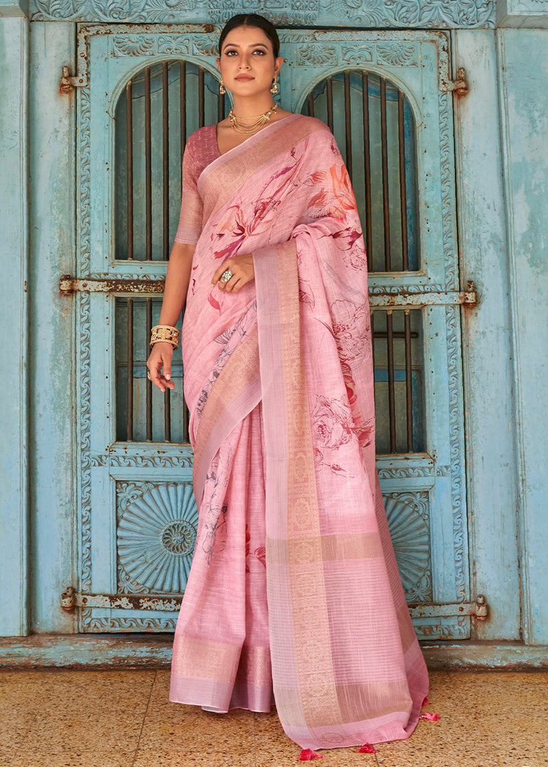 Pastel Pink Floral Printed Linen Silk Saree