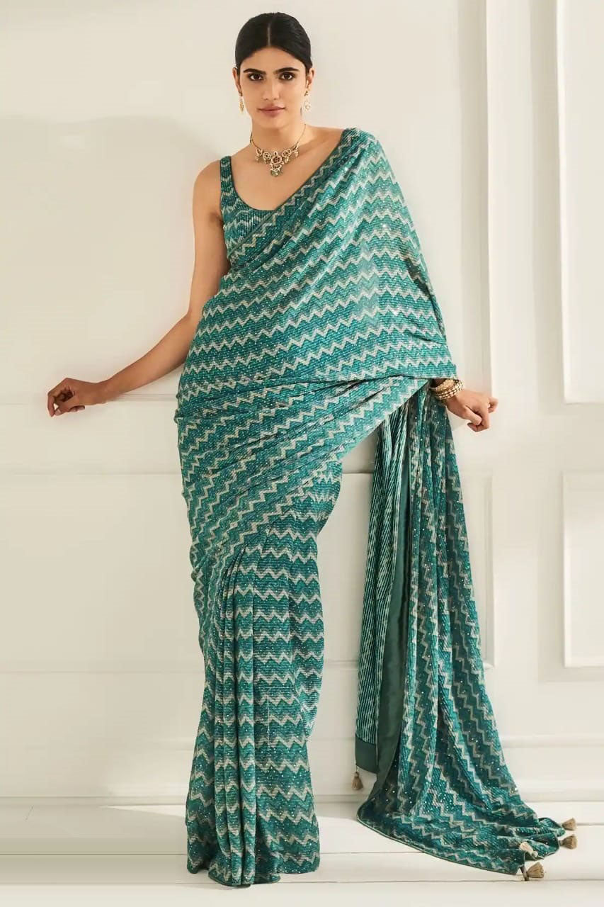 Buy MySilkLove Ming Green Georgette Saree Online