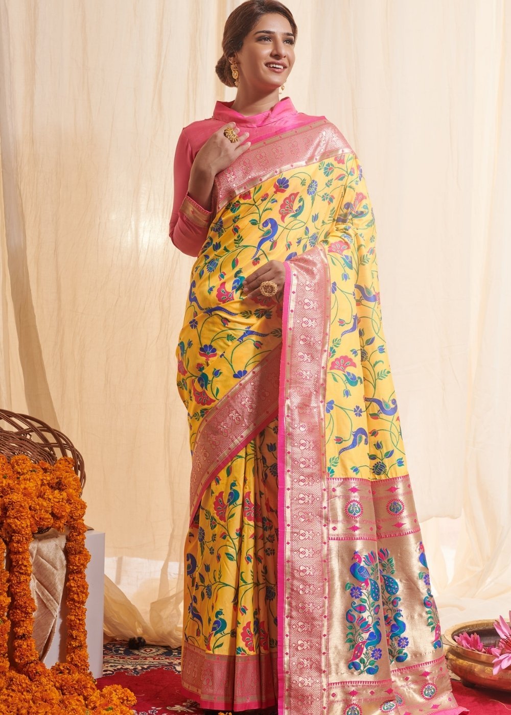 Buy MySilkLove Tulip Yellow and Pink Zari Woven Paithani Saree Online