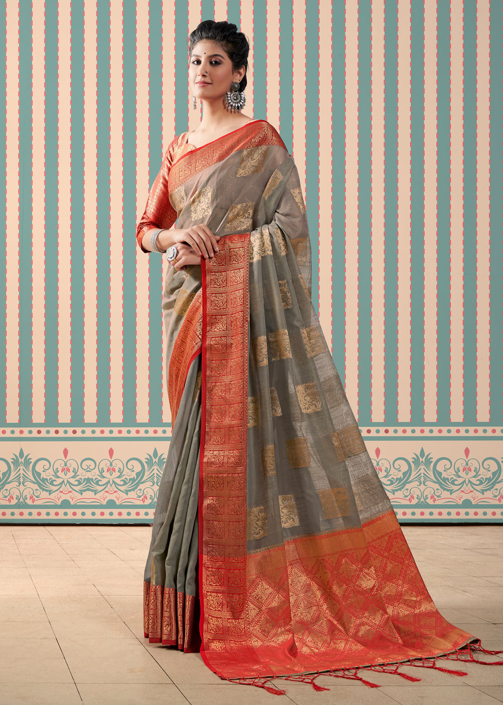 Buy MySilkLove Stonewall Grey Zari Woven Banarasi Brocade Linen Saree Online