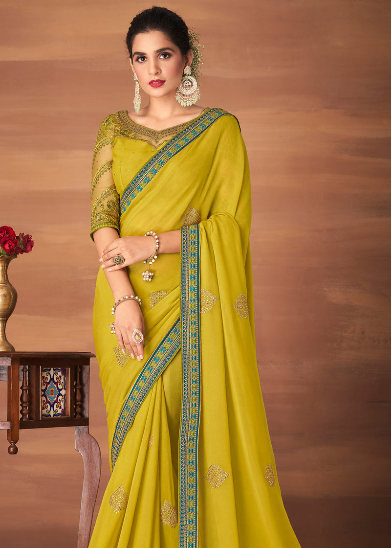 Grass Yellow Designer Saree with Embroidered Blouse