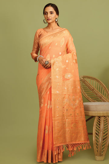 Buy MySilkLove Sandy Brown Orange Zari Woven Linen Saree Online