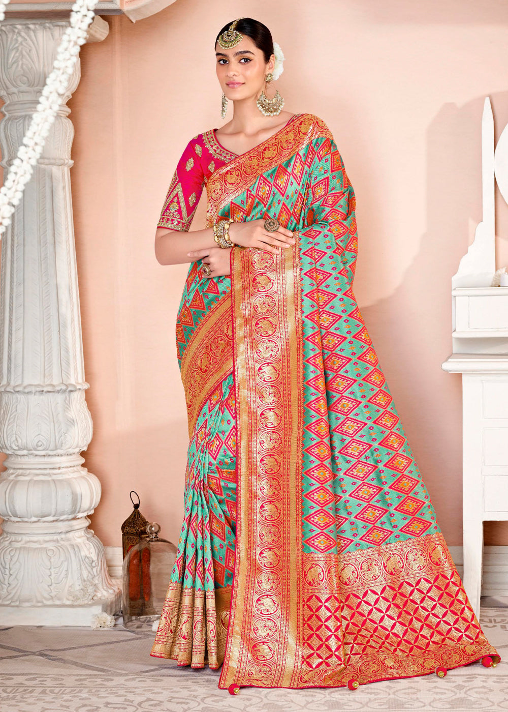 Buy MySilkLove Summer Green and Red Zari Woven Banarasi Saree with Designer Blouse Online