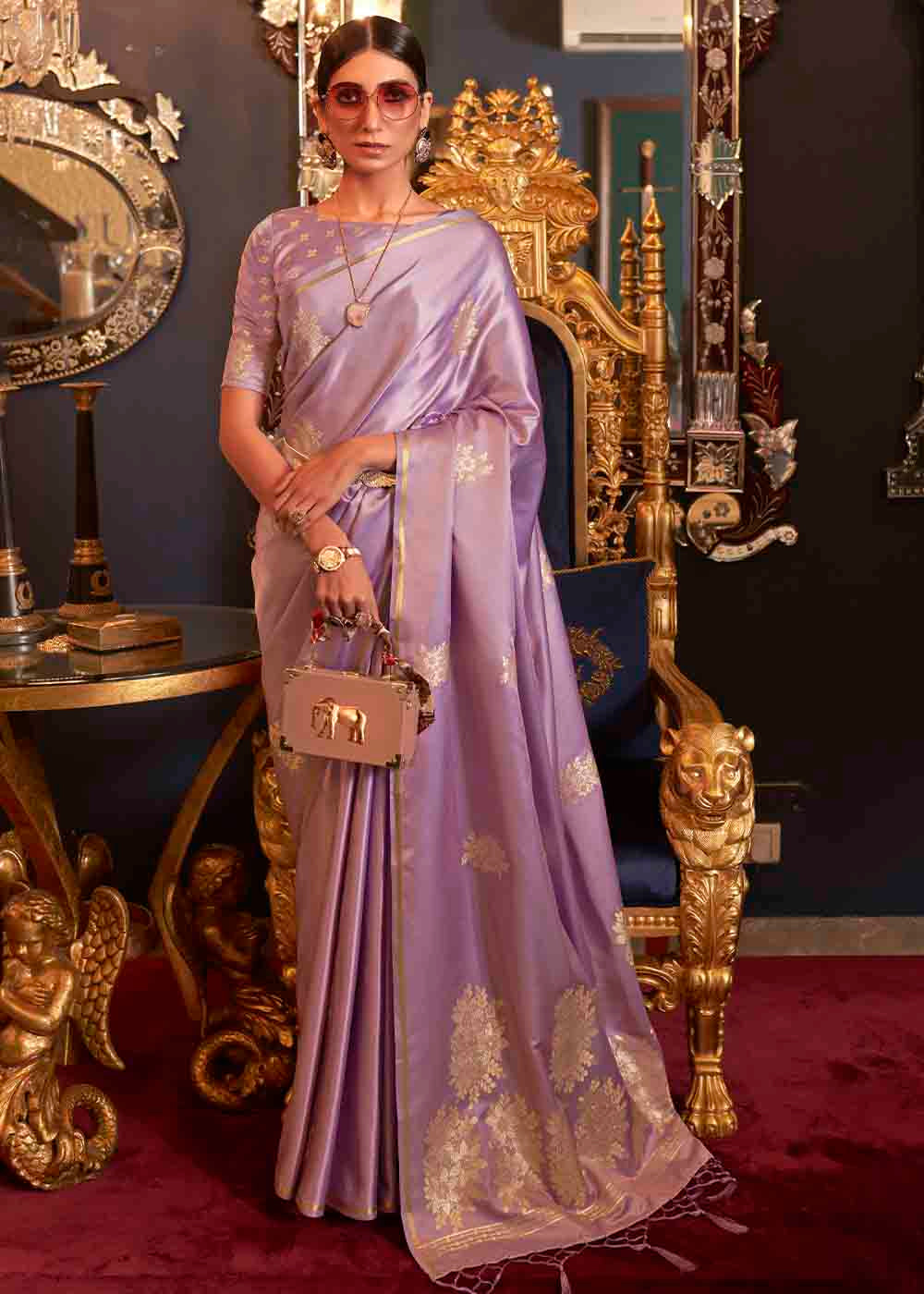 Buy MySilkLove Brandy Rose Purple Zari Woven Banarasi Satin Silk Saree Online