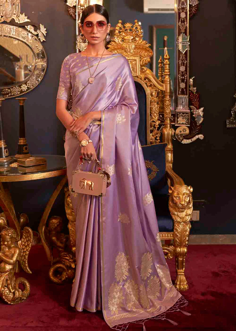 Brandy Rose Purple Zari Woven Banarasi Satin Silk Saree