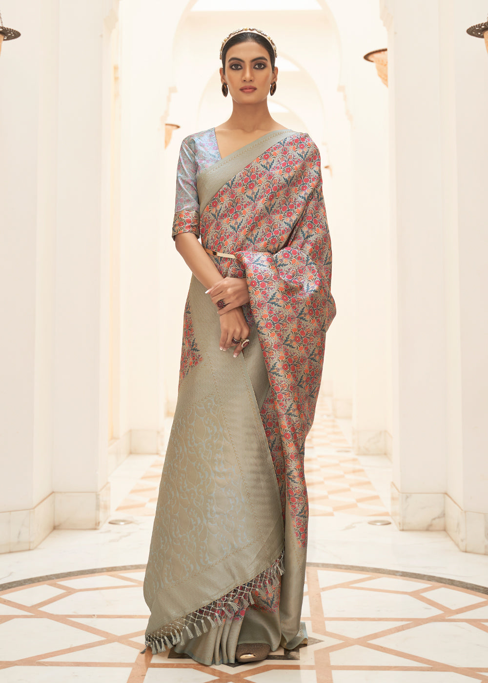 Buy MySilkLove Contessa Pink and Grey Digital Print Saree Online