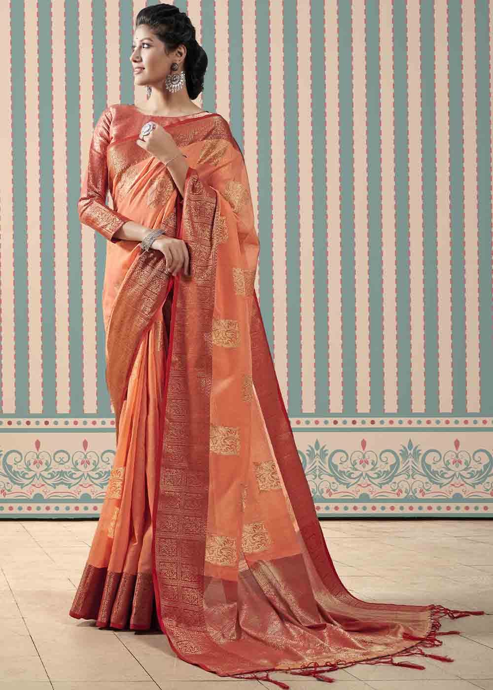 Buy MySilkLove Raw Orange Zari Woven Linen Saree Online