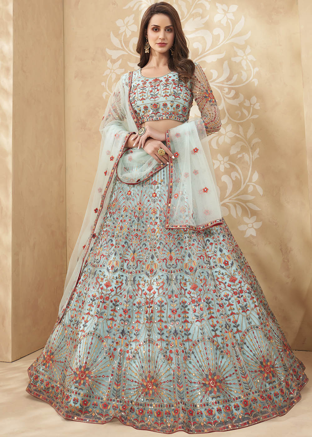 Buy MySilkLove Celeste Blue Designer Net Lehenga with Multi Thread Embroidery Work Online