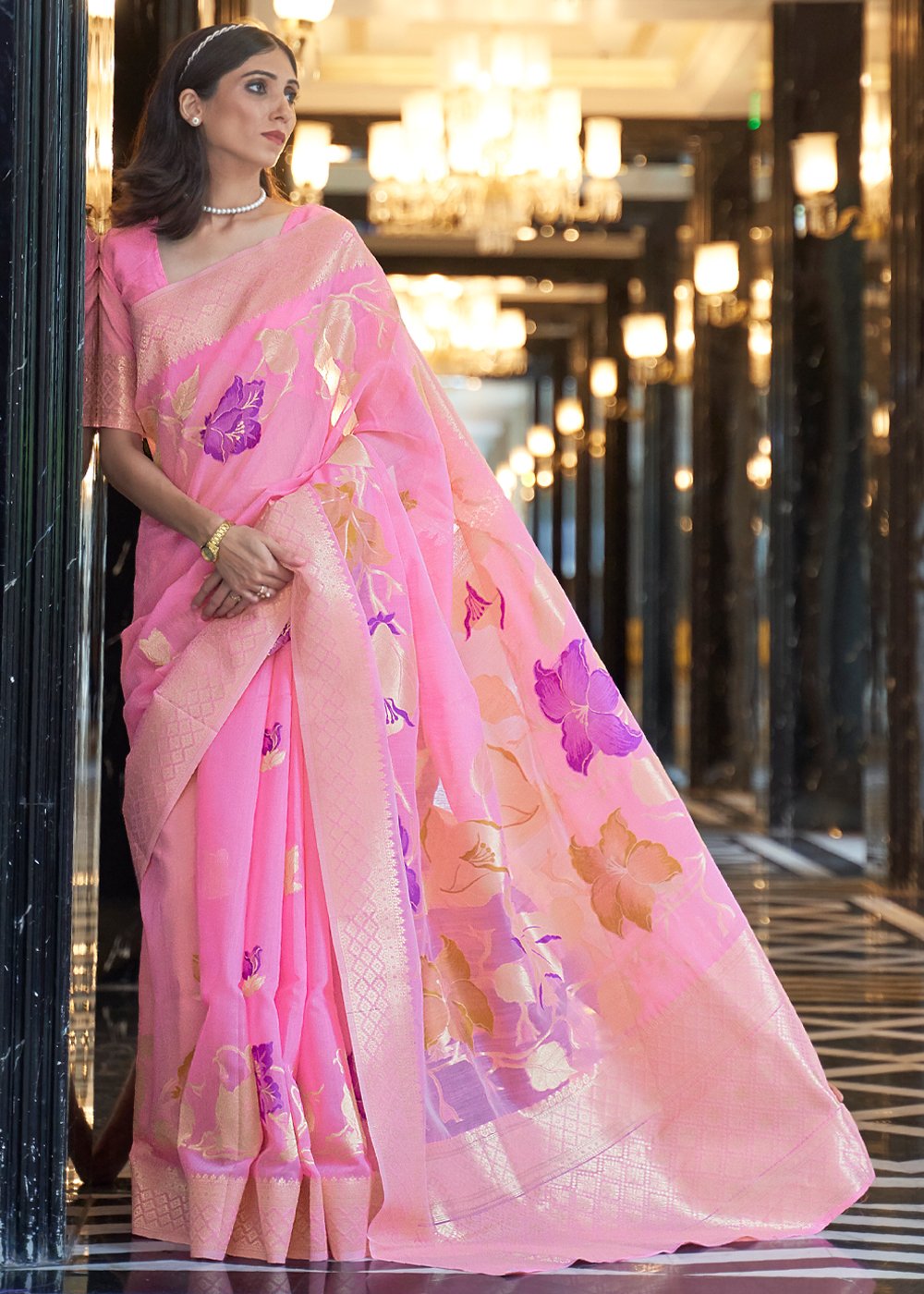Buy MySilkLove Deep Blush Pink Banarasi Linen Saree Online