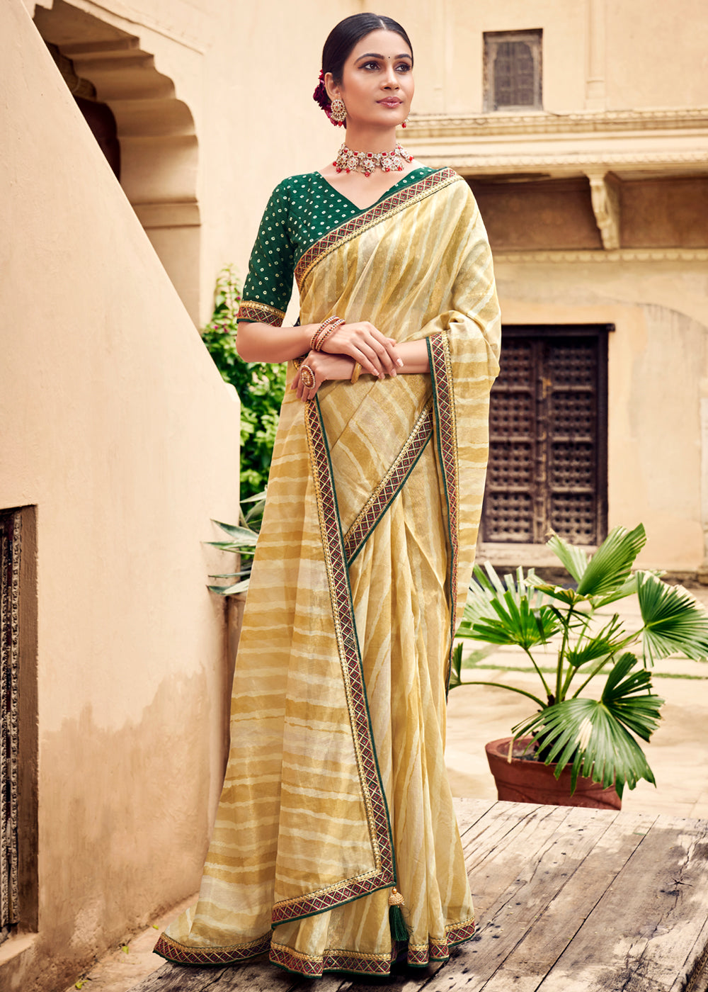 Buy MySilkLove Bourbon Yellow and Green Digital Printed Lehriya Silk Saree Online