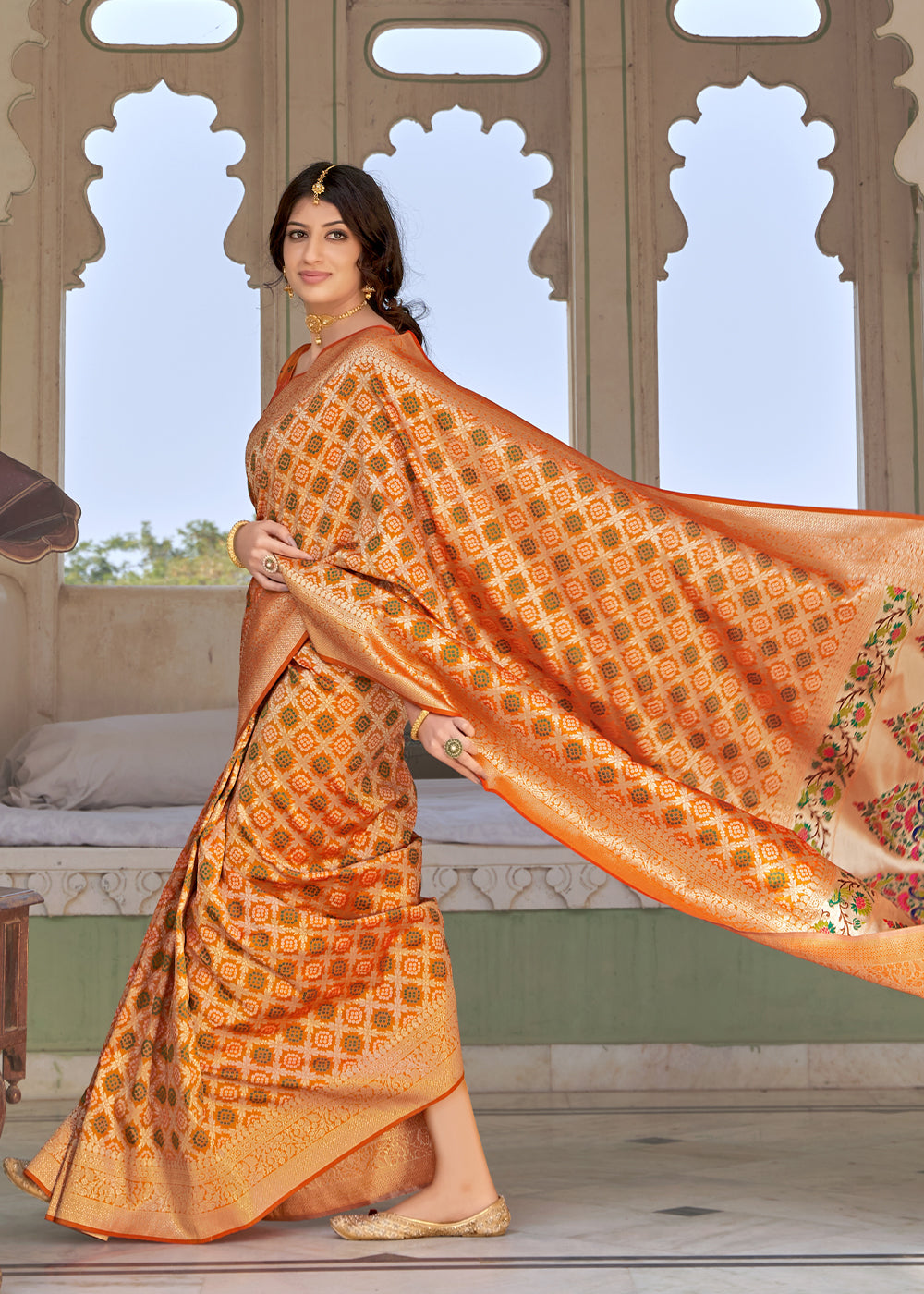 Buy MySilkLove Damask Orange Zari Woven Banarasi Brocade Saree Online