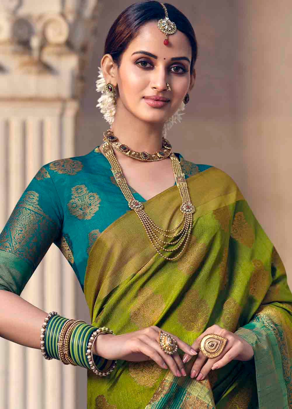 Buy MySilkLove Lemon Green and Blue Zari Woven Banarasi Raw Silk Saree Online