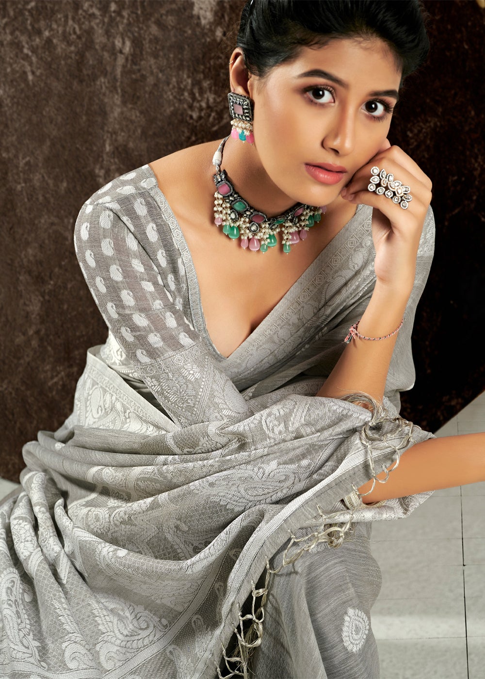 Buy MySilkLove Dawn Grey Zari Woven Linen Saree Online