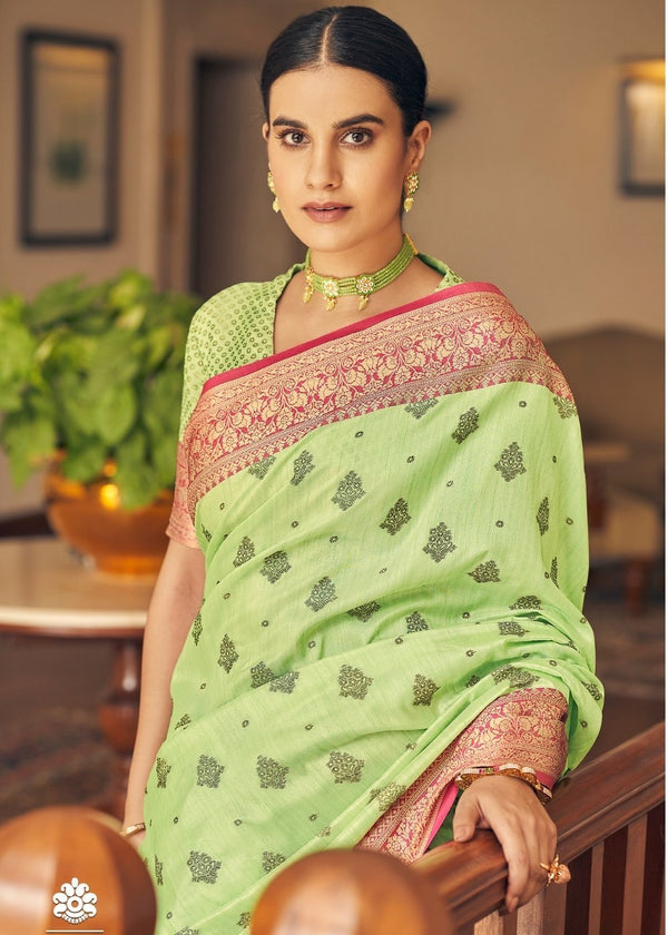 Wild Willow Green Tussar Banarasi Silk Saree