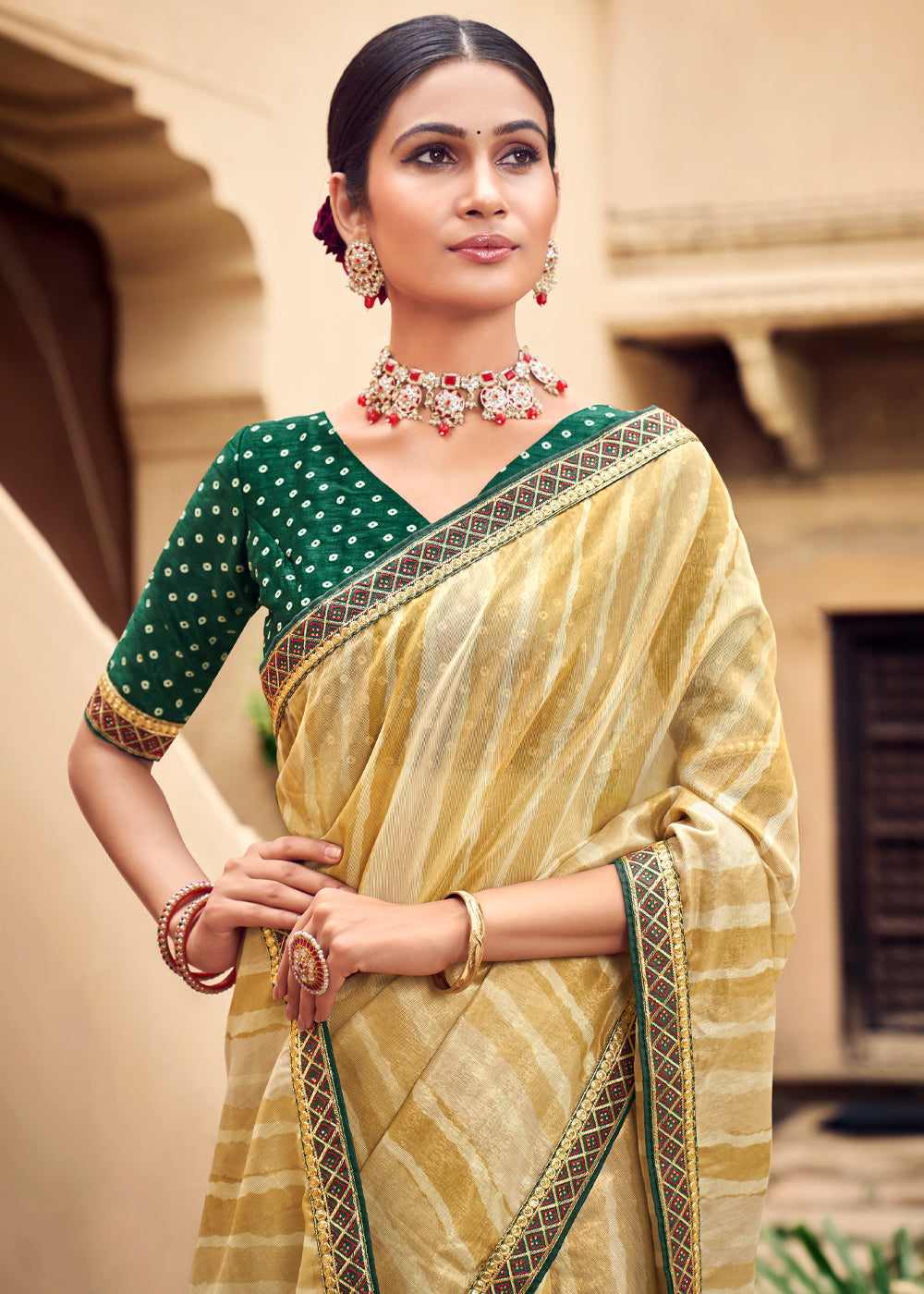 MySilkLove Bourbon Yellow and Green Digital Printed Lehriya Silk Saree