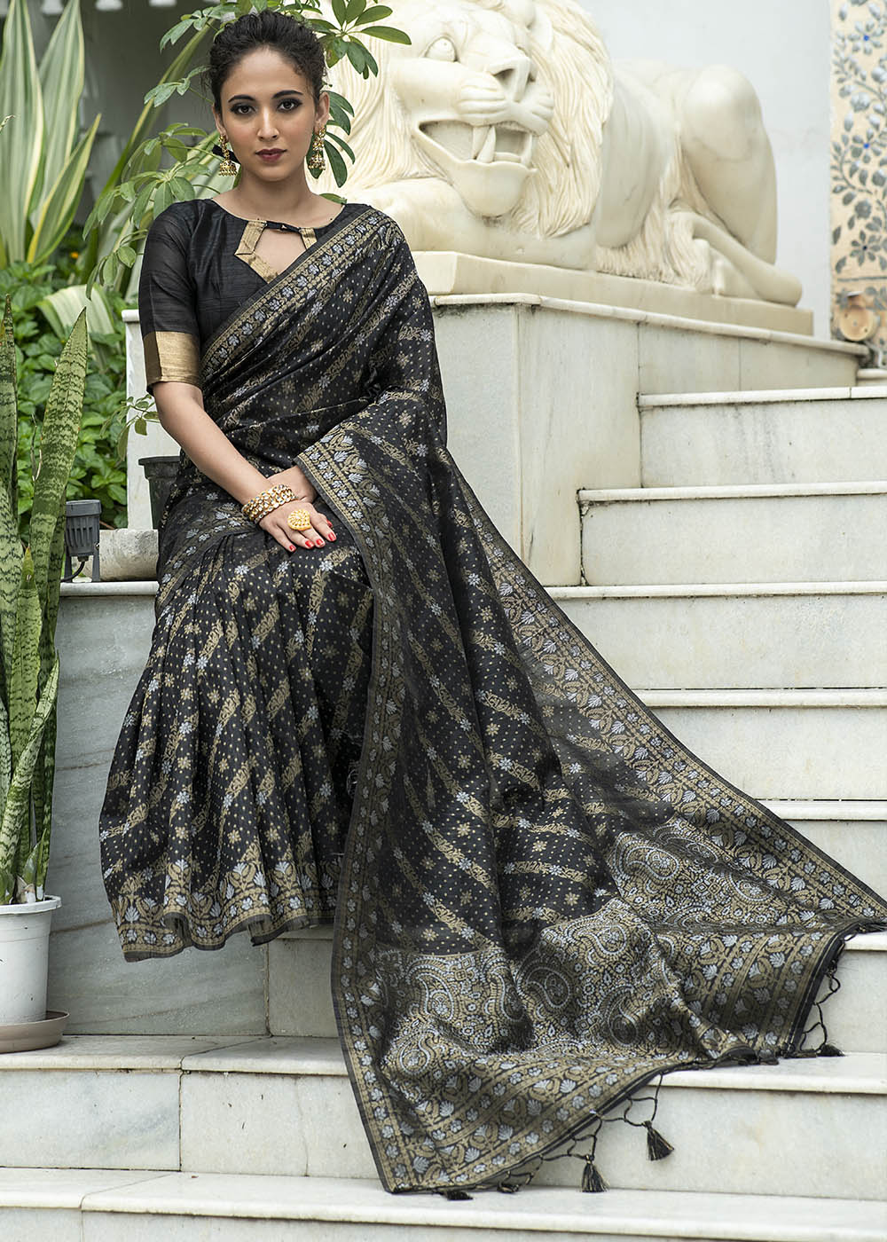 MySilkLove Metal Black Zari Woven Tussar Silk Saree