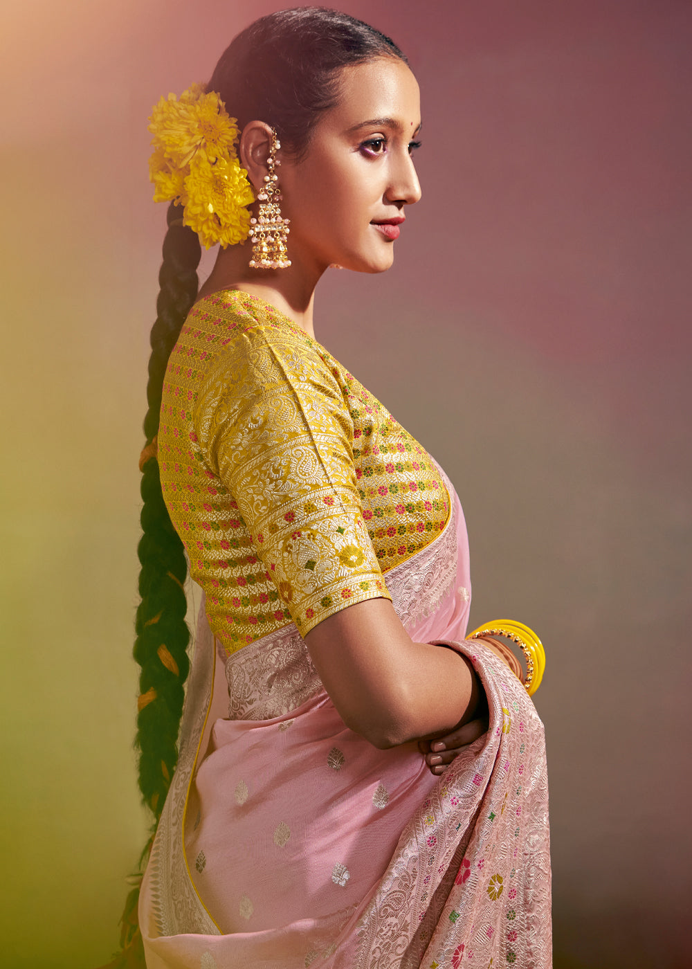 MySilkLove Azalea Pink and Yellow Woven Banarasi Soft Silk Saree
