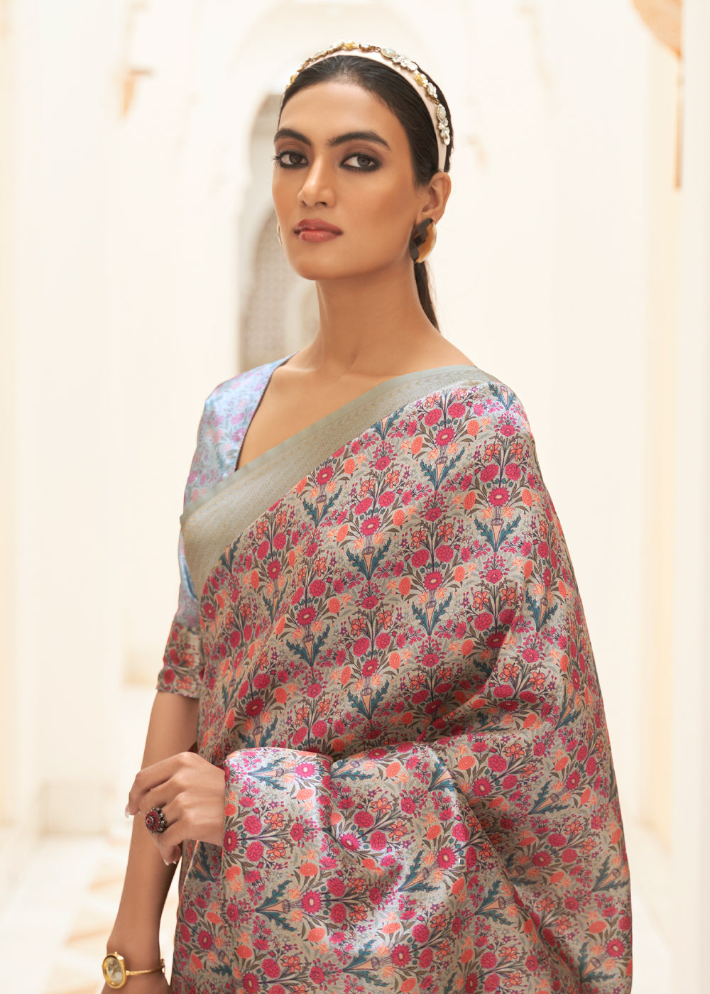 MySilkLove Contessa Pink and Grey Digital Print Saree