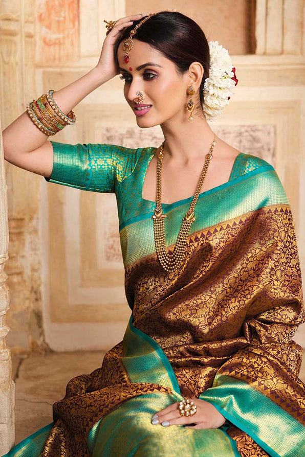 Redwood Brown and Blue Zari Woven Kanjivaram Saree