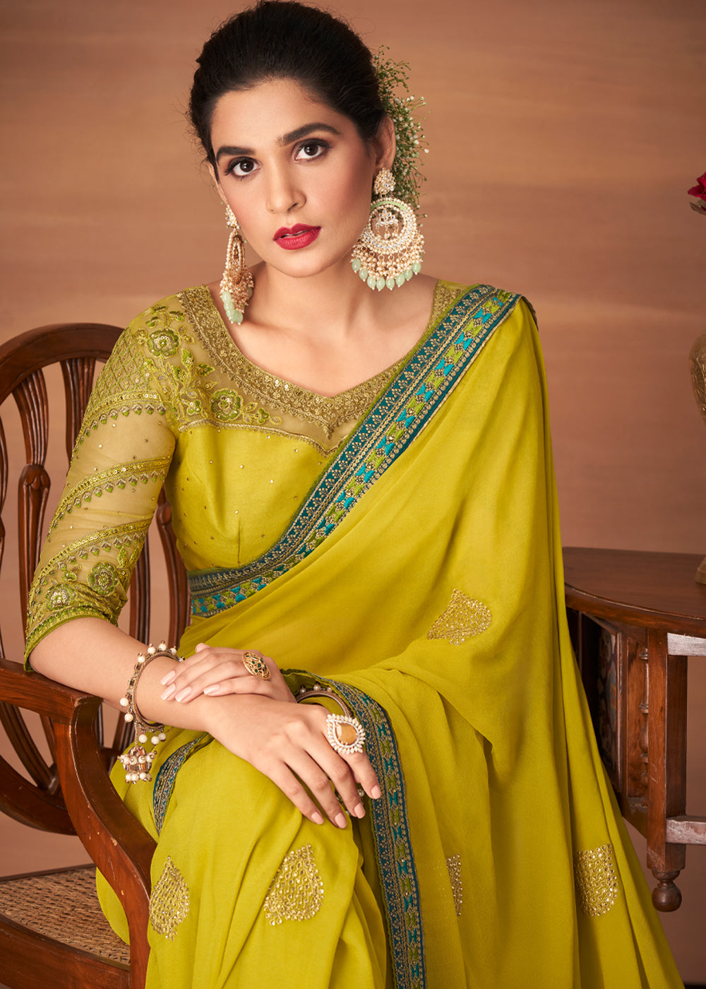 MySilkLove Grass Yellow Designer Saree with Embroidered Blouse