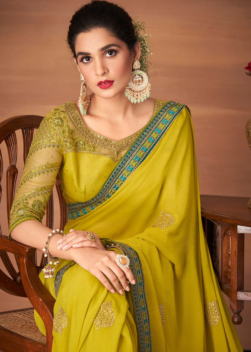Grass Yellow Designer Saree with Embroidered Blouse