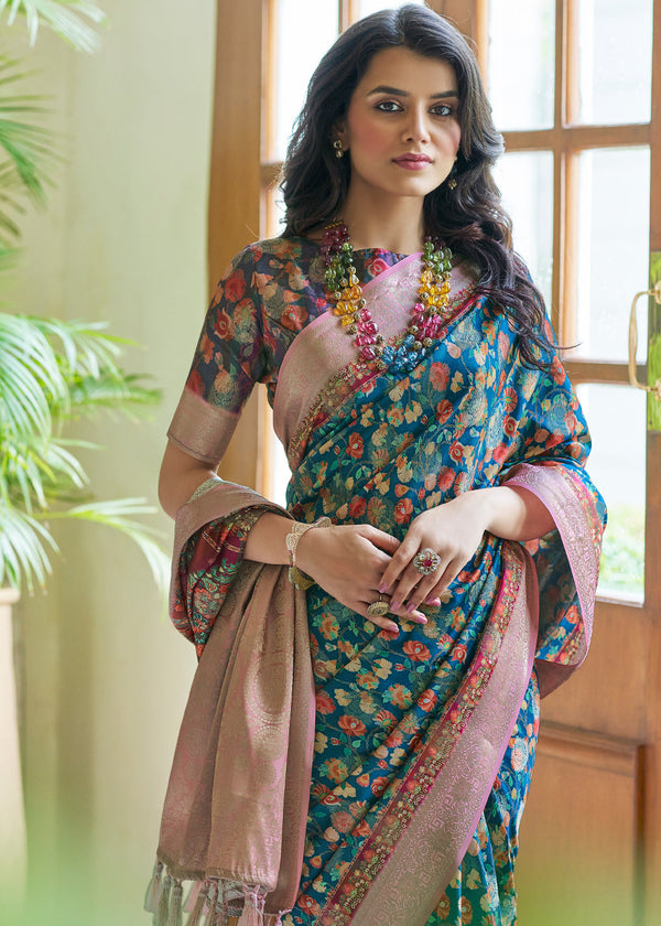 Bismark Blue Banarasi Saree with Jamewar Print