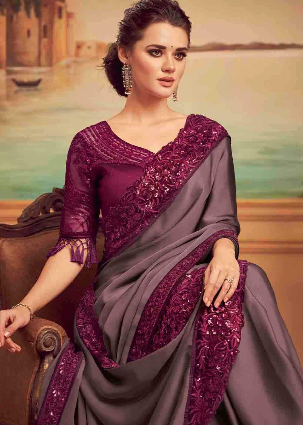 Buy MySilkLove Ferra Grey Purple Embroidered Satin Silk Designer Saree Online