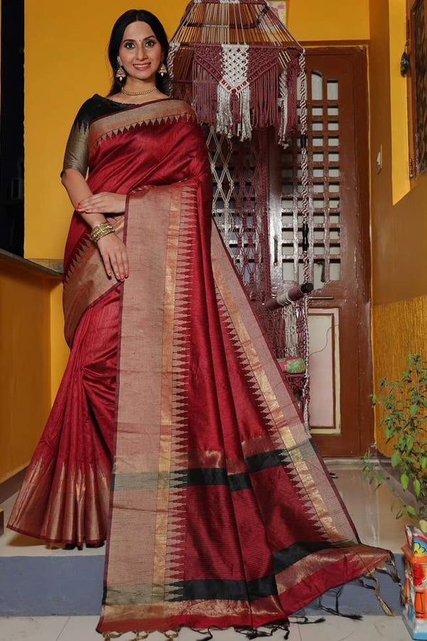 Burnt Umber Brown Tussar Silk Saree