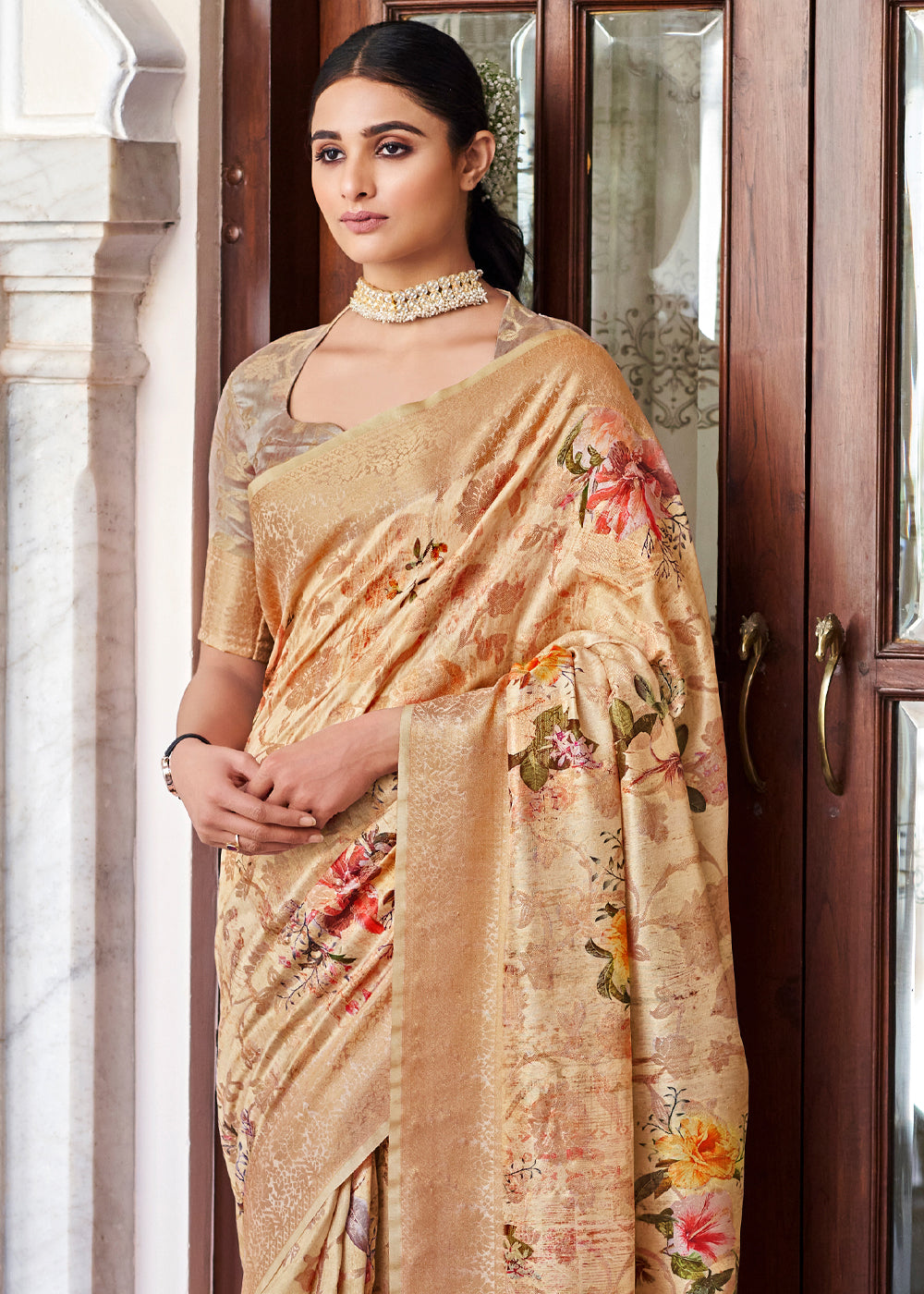 Buy MySilkLove Tan Cream Zari Woven Floral Banarasi Saree Online