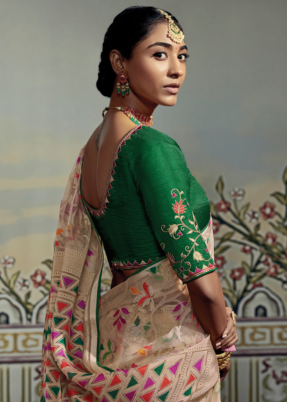 Buy MySilkLove Rodeo Dust Cream and Green Woven Soft Silk Saree with Embroidered Blouse Online