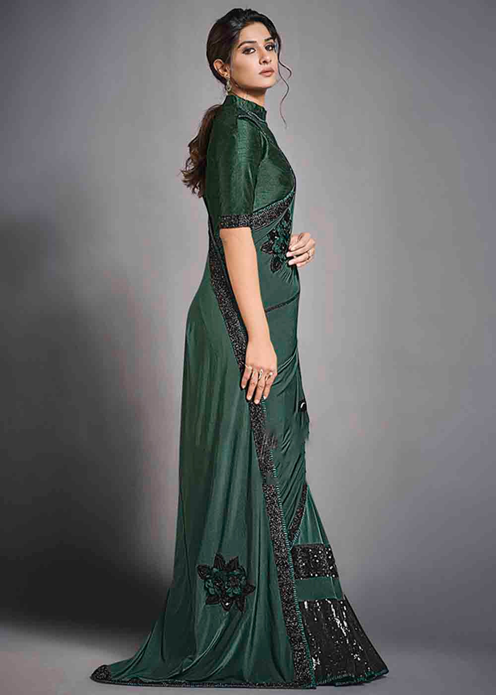 Buy MySilkLove Mineral Green Designer Lycra Saree with Embroidery Work Online