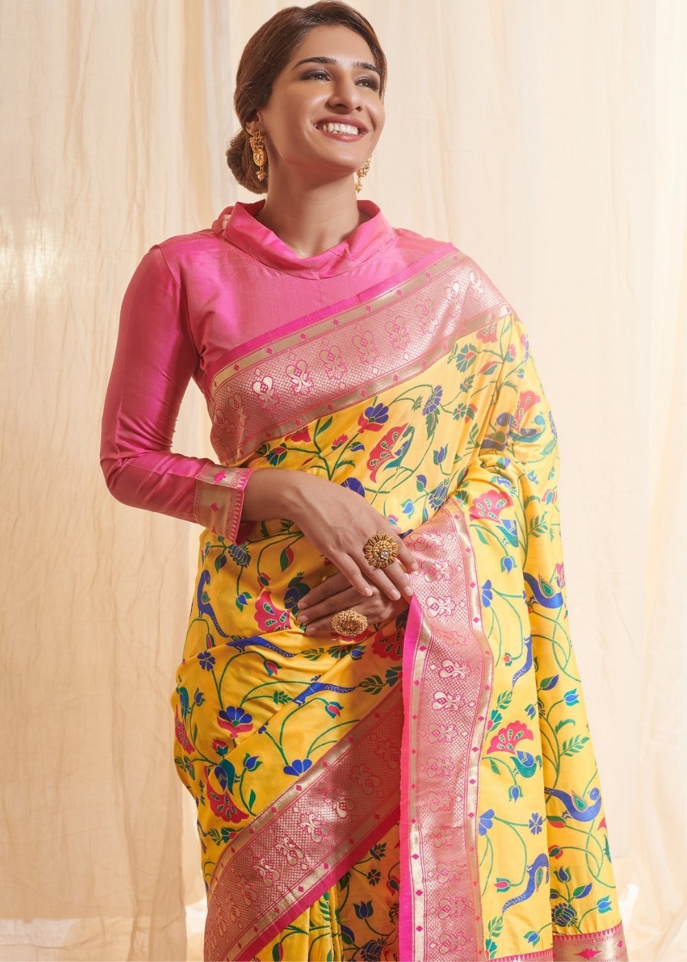 Buy MySilkLove Tulip Yellow and Pink Zari Woven Paithani Saree Online