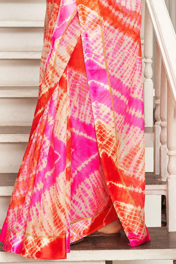 Buy MySilkLove Princess Perfume Pink Cotton Saree with Leheriya Print Online