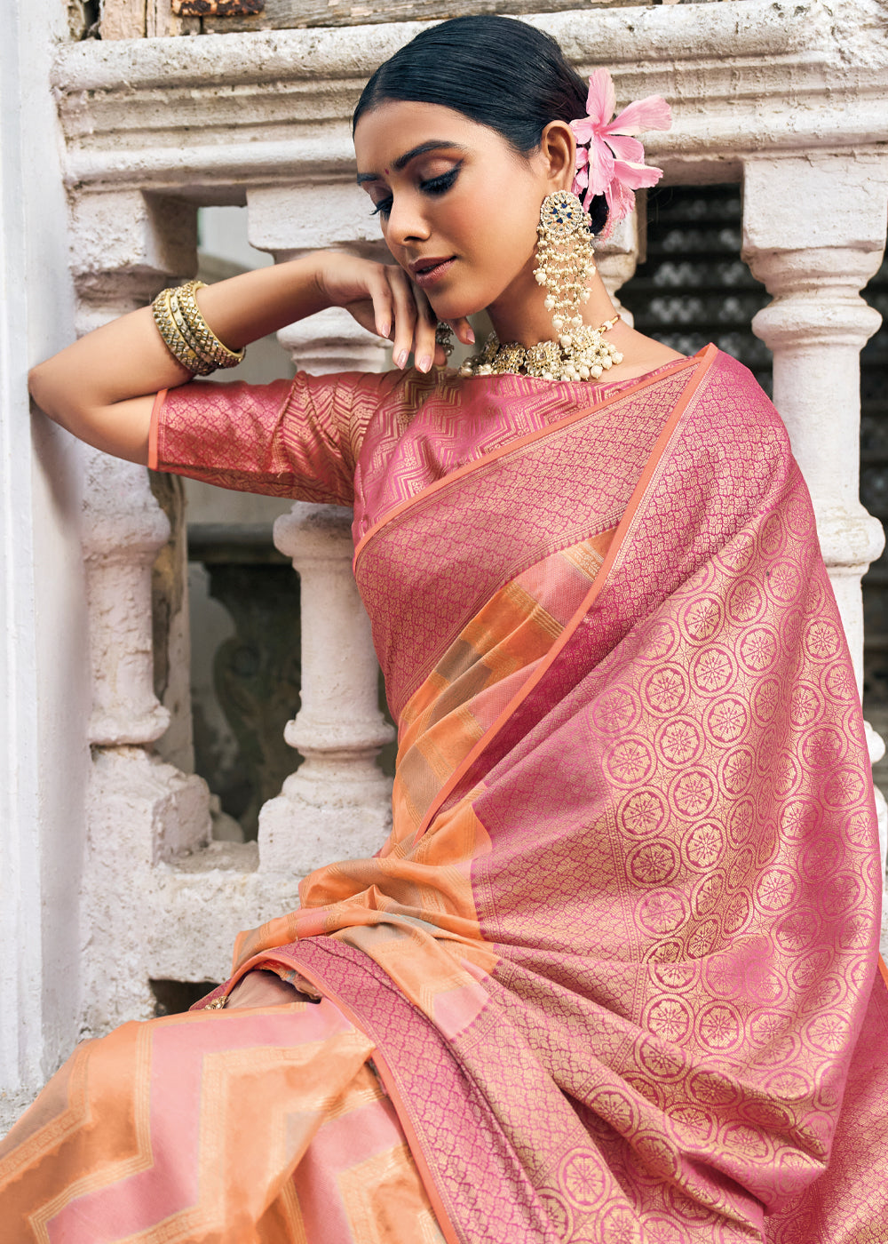 MySilkLove Wewak Pink and Orange Woven Organza Banarasi Silk Saree