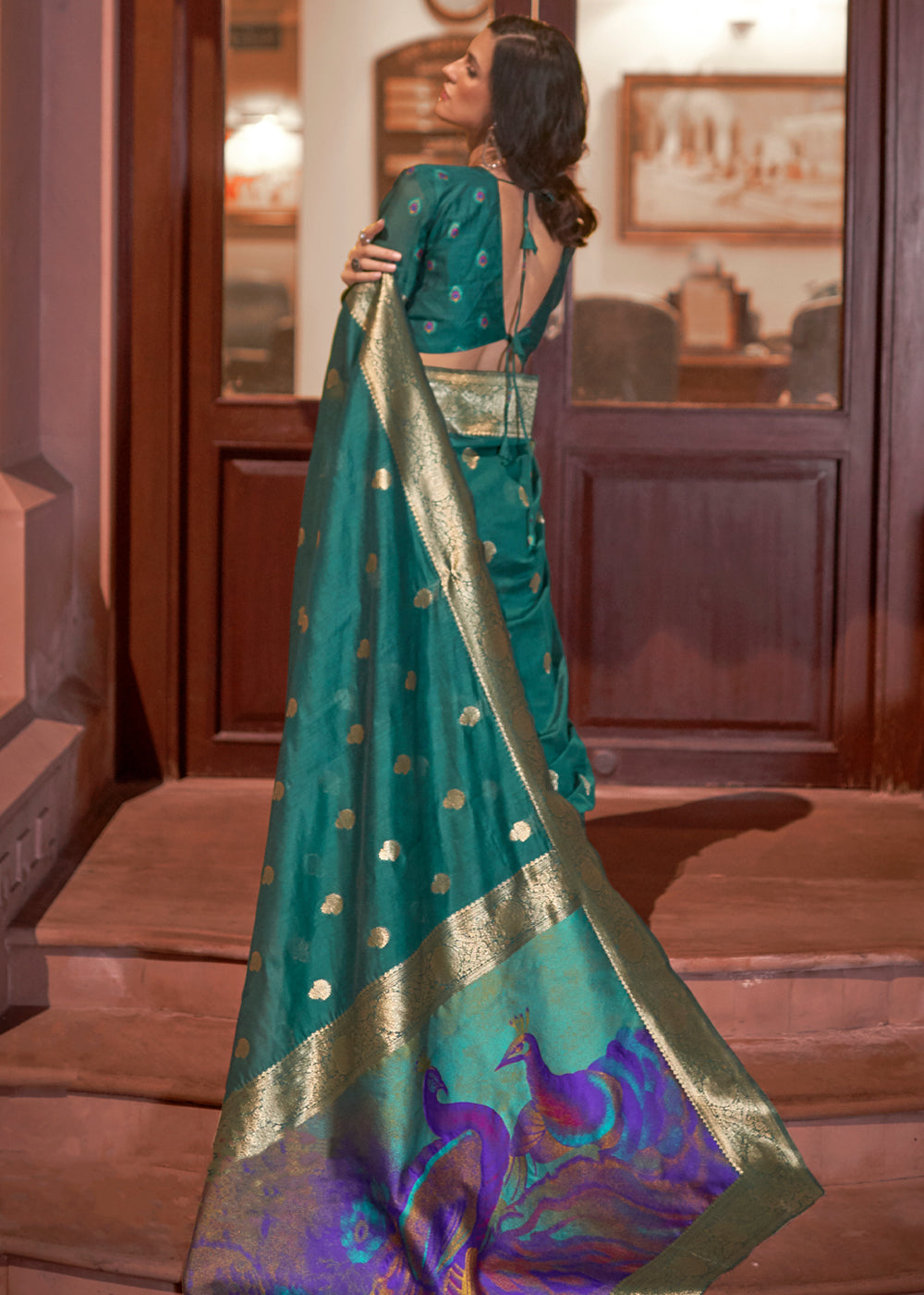 Firozi Banarasi Woven Silk Saree With Floral Peacock Pallu Golden Zari Work Saree orders | Trendy Saree With Designer Handloom Work For Women USA.