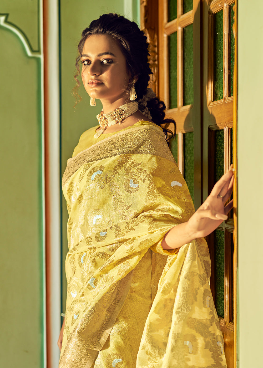 MySilkLove Pearl Yellow Zari Woven Banarasi Linen Saree