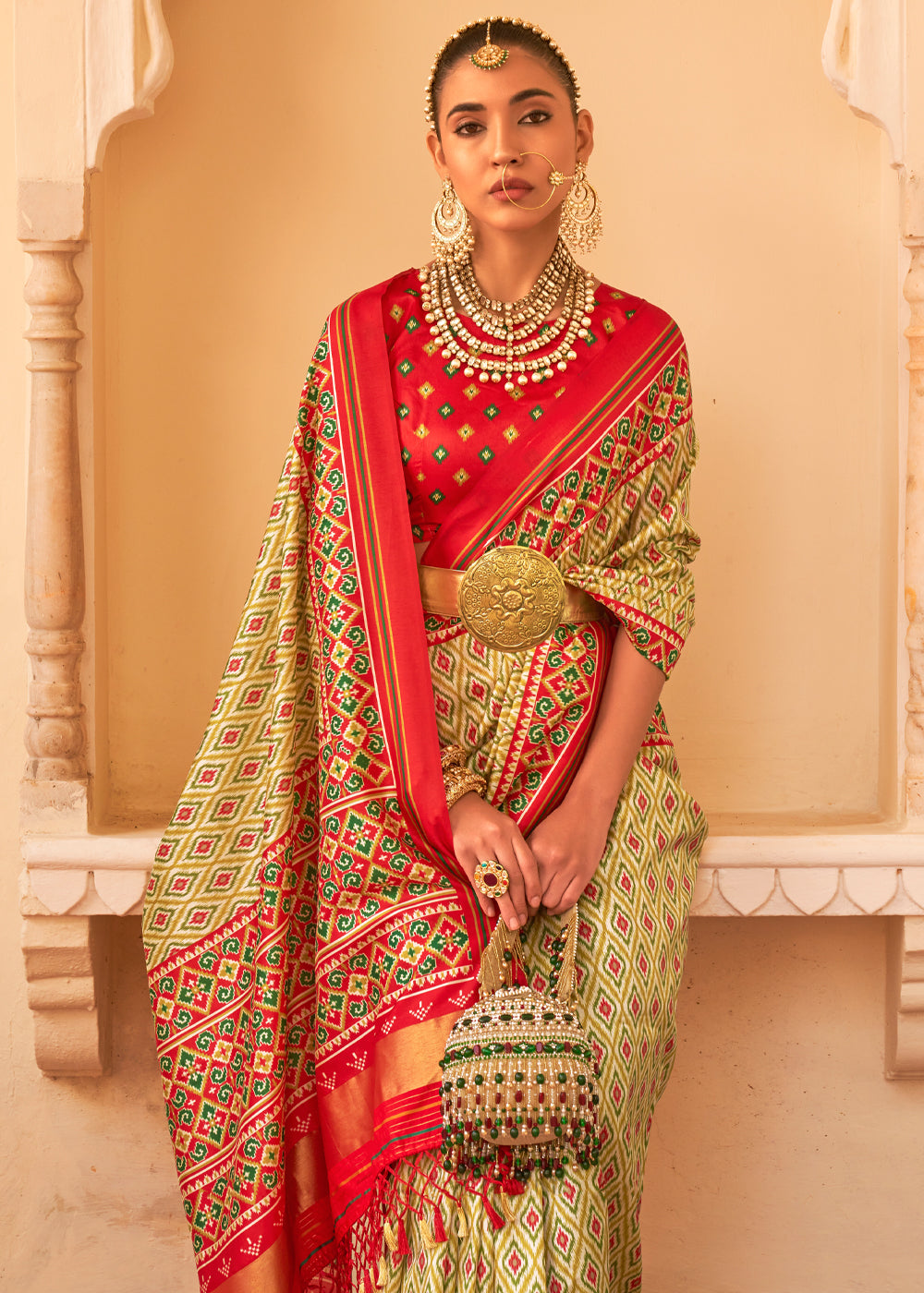 Orleans Yellow and Red Printed Patola Tussar Saree