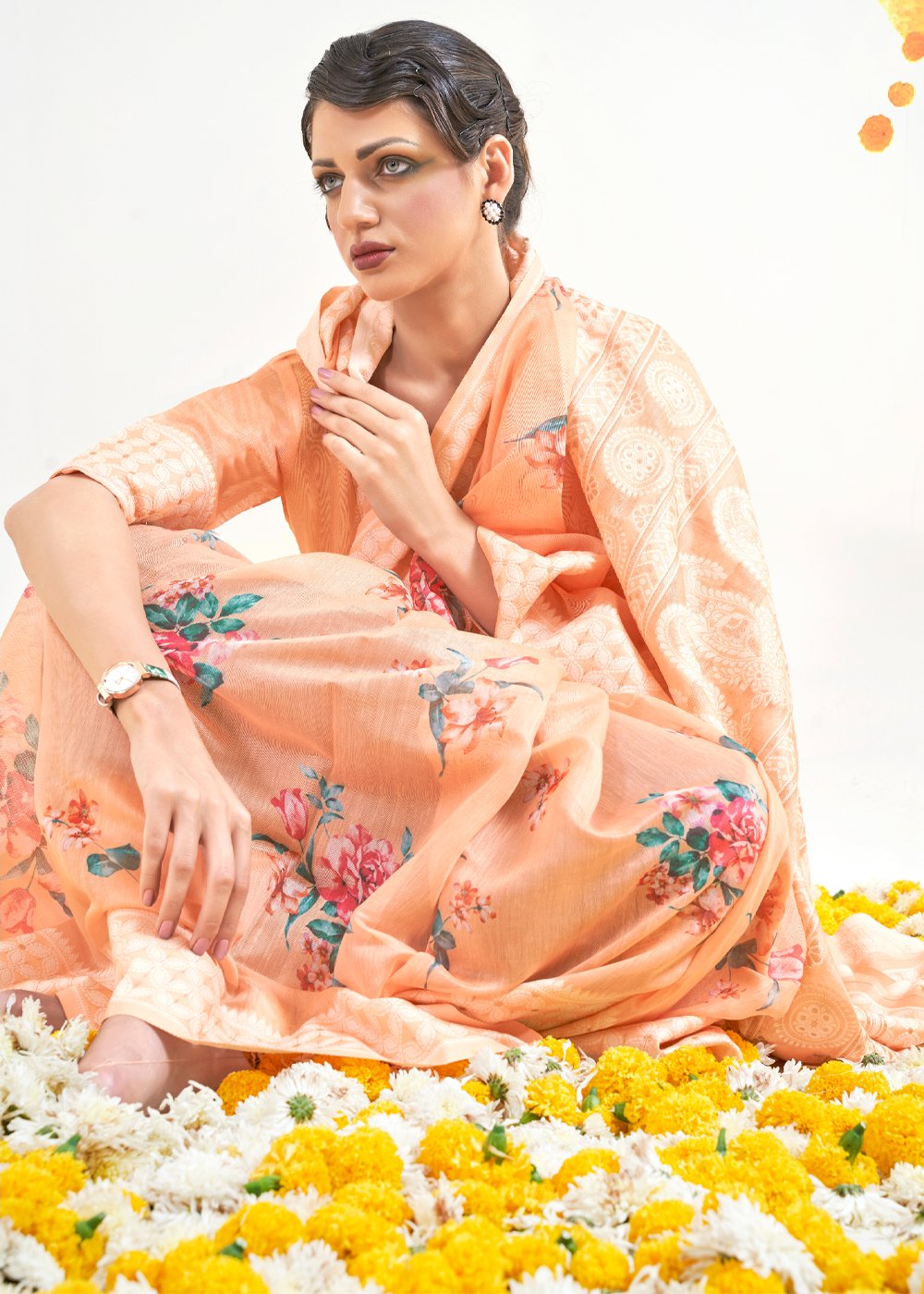 Buy MySilkLove Flesh Light Orange Zari Woven Digital Printed Linen Saree Online